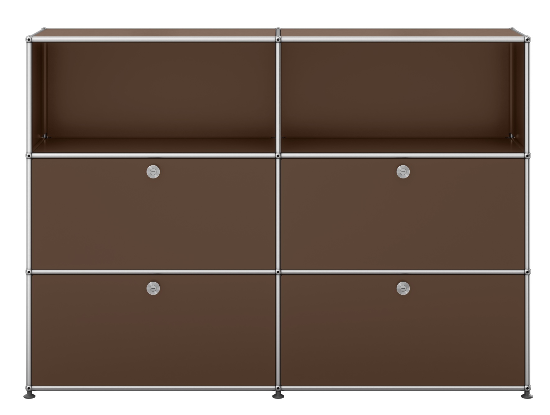 USM Haller Sideboard in Braun mit vier Klappen, modernes modulares Möbeldesign für stilvolle Wohnräume.