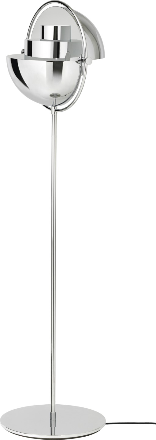 Chromfarbene Multi-Lite Stehleuchte von Gubi mit verstellbarem Schirm für indirekte Beleuchtung.