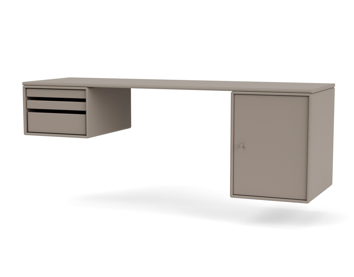WORKSHOP Schreibtisch Montana QUICK SHIP in Taupe mit Schubladen und Schrank für Büro oder Arbeitszimmer.