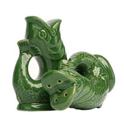 Grüner Gluckigluck Salz- und Pfefferstreuer in Fischform, Keramik, originelles Tischaccessoire für Küche und Esszimmer.