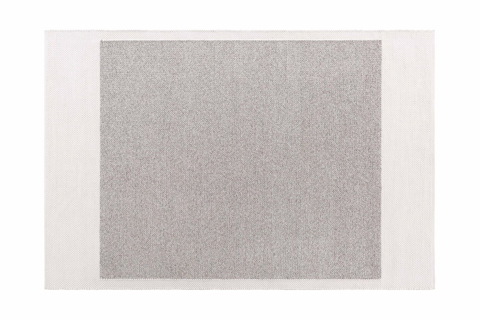Weißer Outdoor Teppich mit grauem Mittelteil, Mangas Stil. Moderner Teppich für Terrasse.
