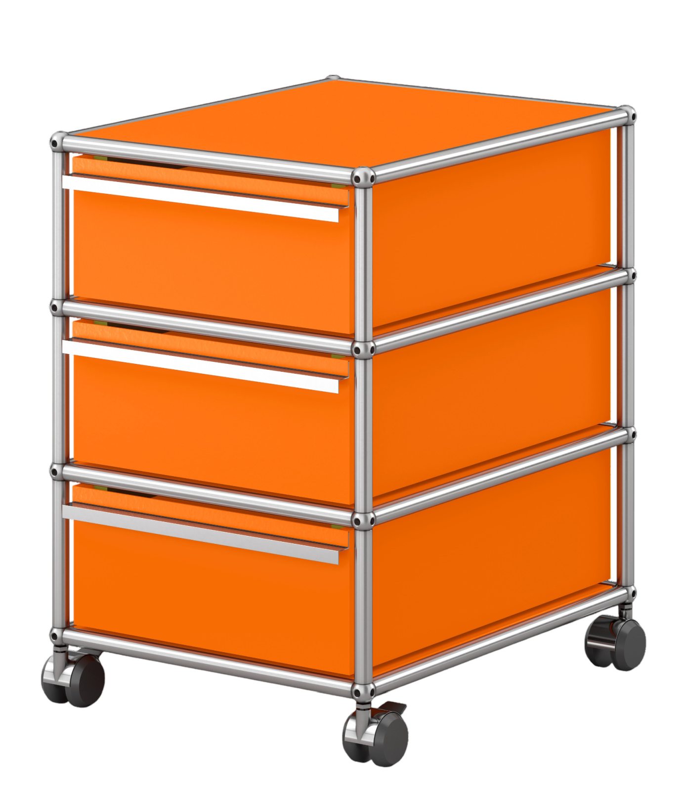 USM Haller Rollcontainer in Reinorange mit drei Schubladen und verchromtem Gestell auf Rollen.