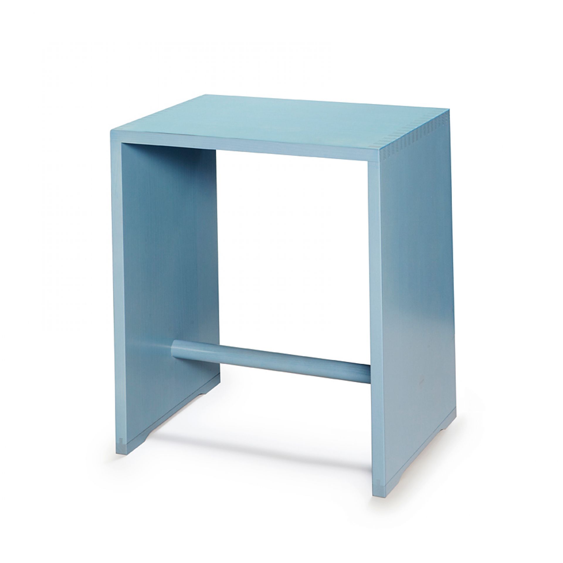 Ulmer Hocker in Himmelblau von Max Bill, ein moderner, minimalistischer Sitzhocker aus Holz.