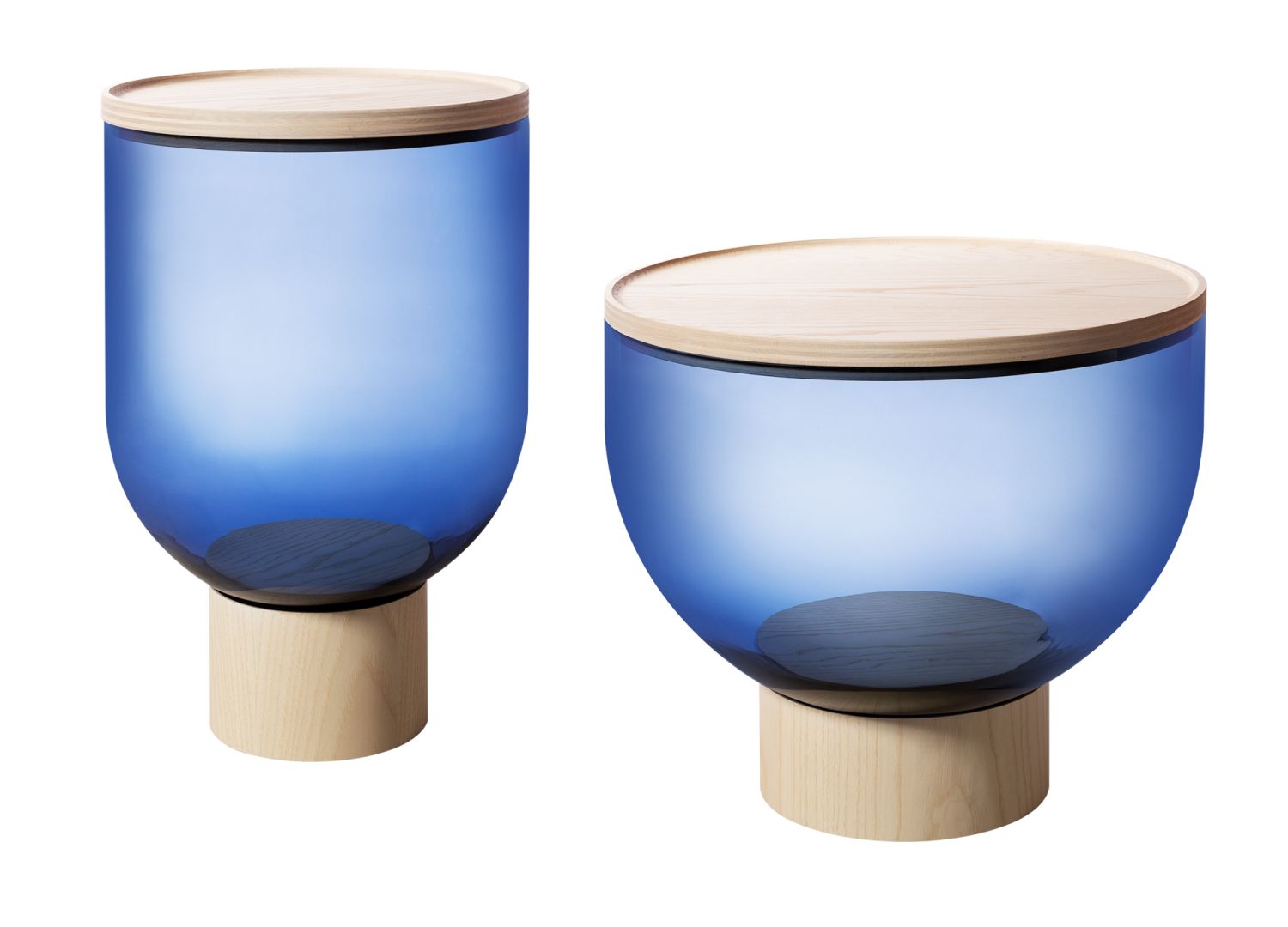 Mastea TS 140 Beistelltisch Esche natur / Rauchblau Miniforms Mastea Beistelltisch Esche natur/rauchblau von Miniforms: Zwei moderne Tische mit Holzplatte und blauem Glas.