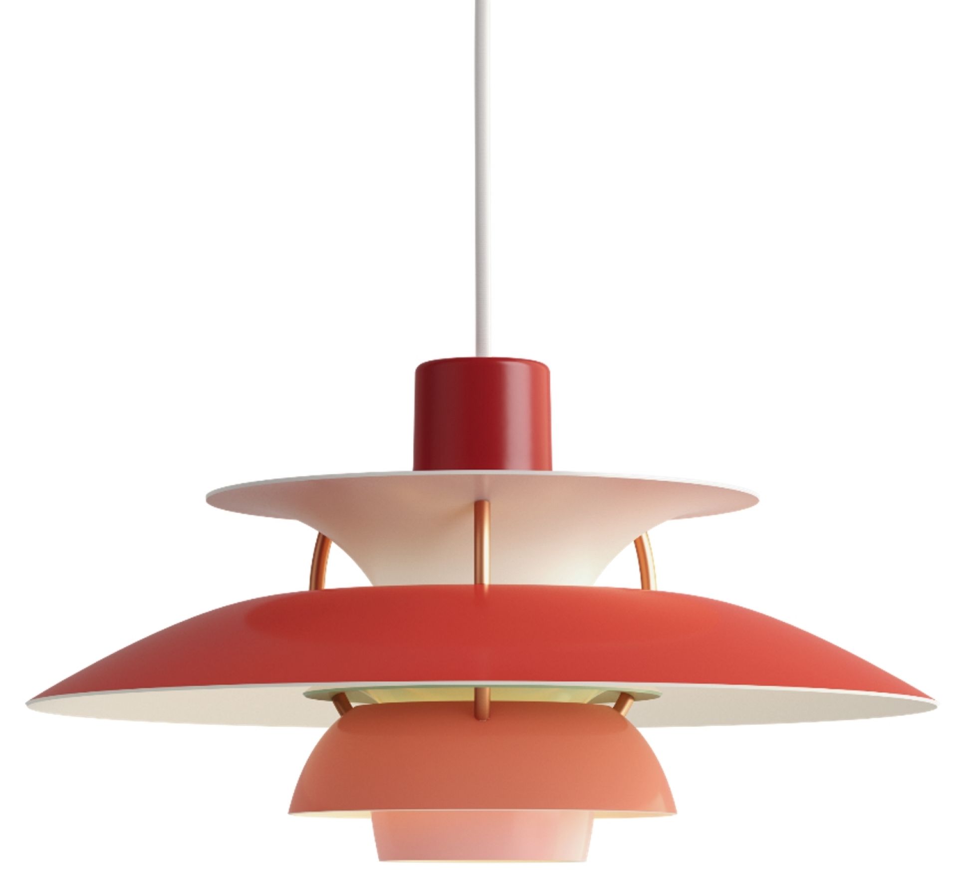 Rote PH 5 Mini Pendelleuchte von Louis Poulsen, modernes Design für stilvolle Innenräume.