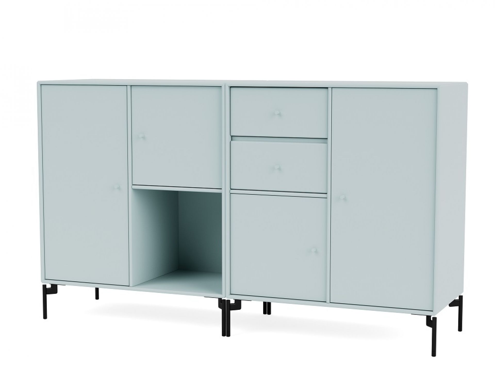 Hellblaues Couple Sideboard mit schwarzem C-Gestell. Modernes Sideboard mit Schubladen, Türen und offenem Fach.