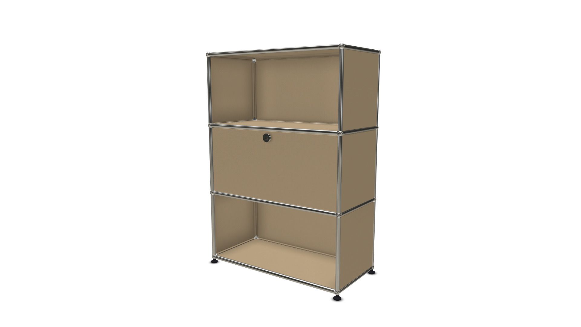 USM Haller Highboard in Beige mit einer Klappe, modernes modulares Möbeldesign für Wohnraum und Büro.