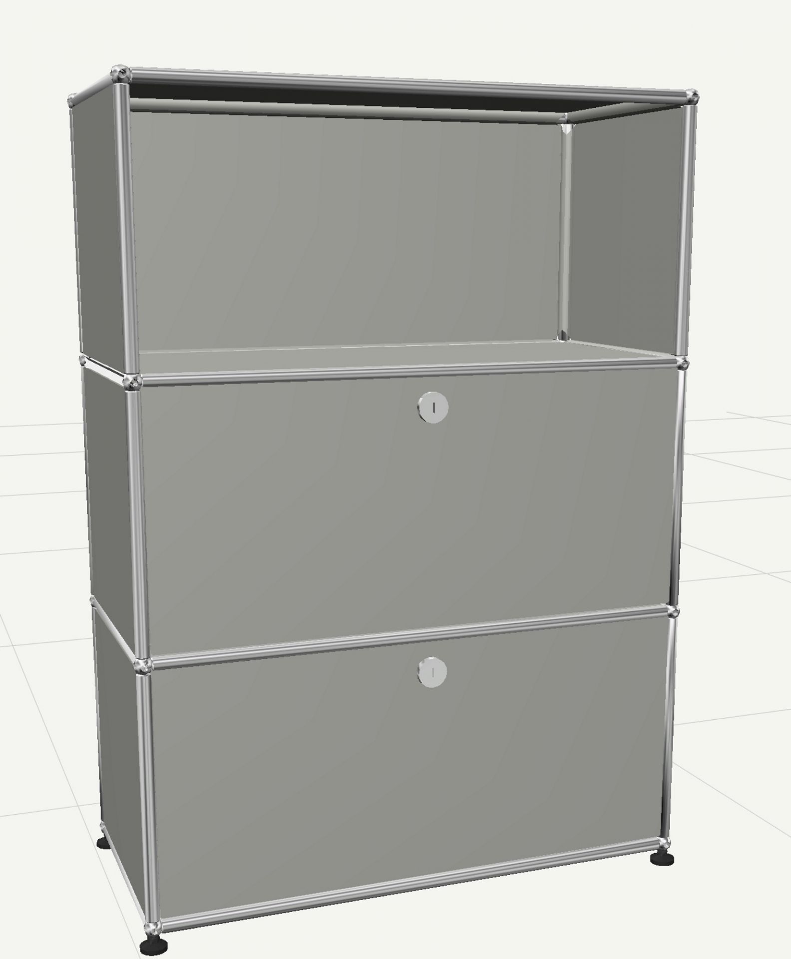 USM Haller Highboard in Lichtgrau mit zwei Klappen und einem offenen Fach für stilvolle Aufbewahrung.