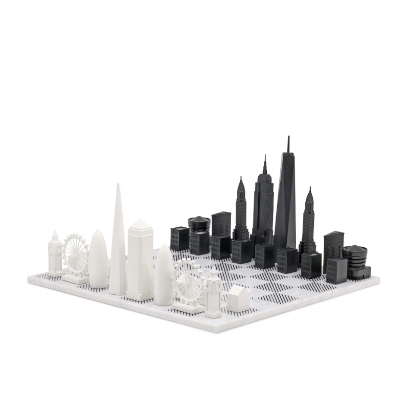 Special Edition Acrylic London vs New York Chess Schachspiel mit Marmorbrett Skyline Chess EINZELSTÜCK