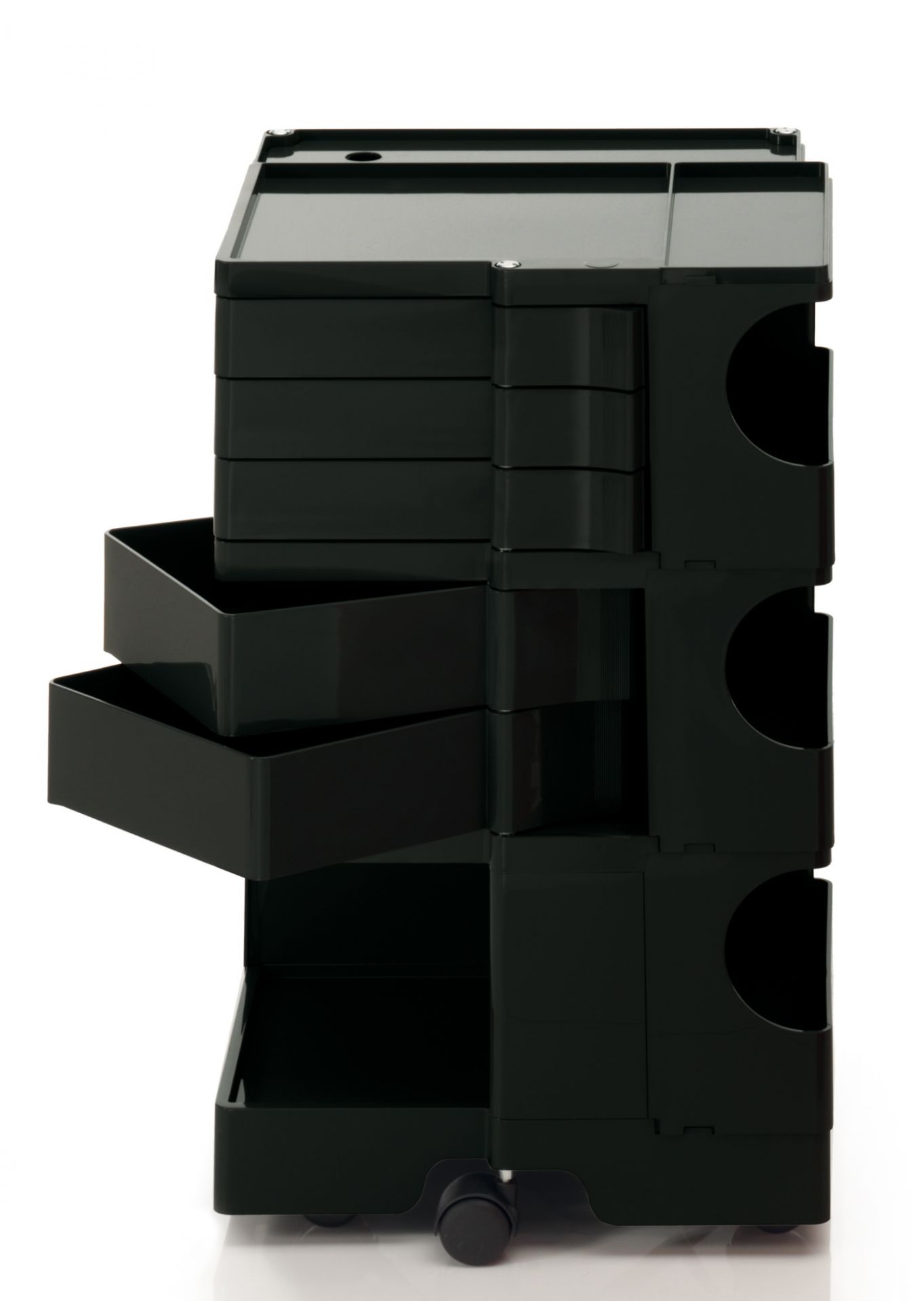 Schwarzer Boby Rollcontainer mit Schubladen und Fächern, ideal für Büro und Werkstatt.