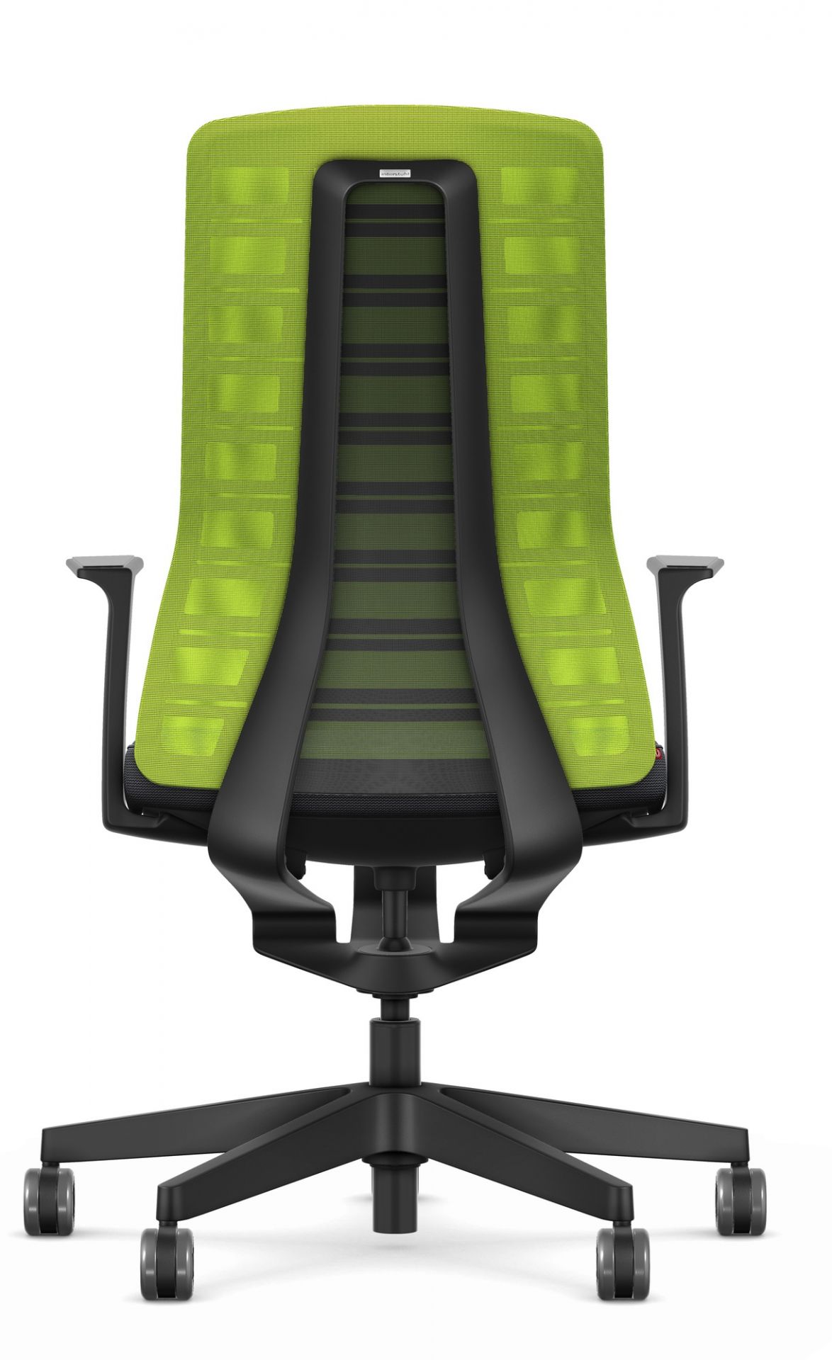 Rückansicht: Interstuhl Bürostuhl Pure Edition Active, grüner Netzrücken, schwarzes Gestell mit Rollen.