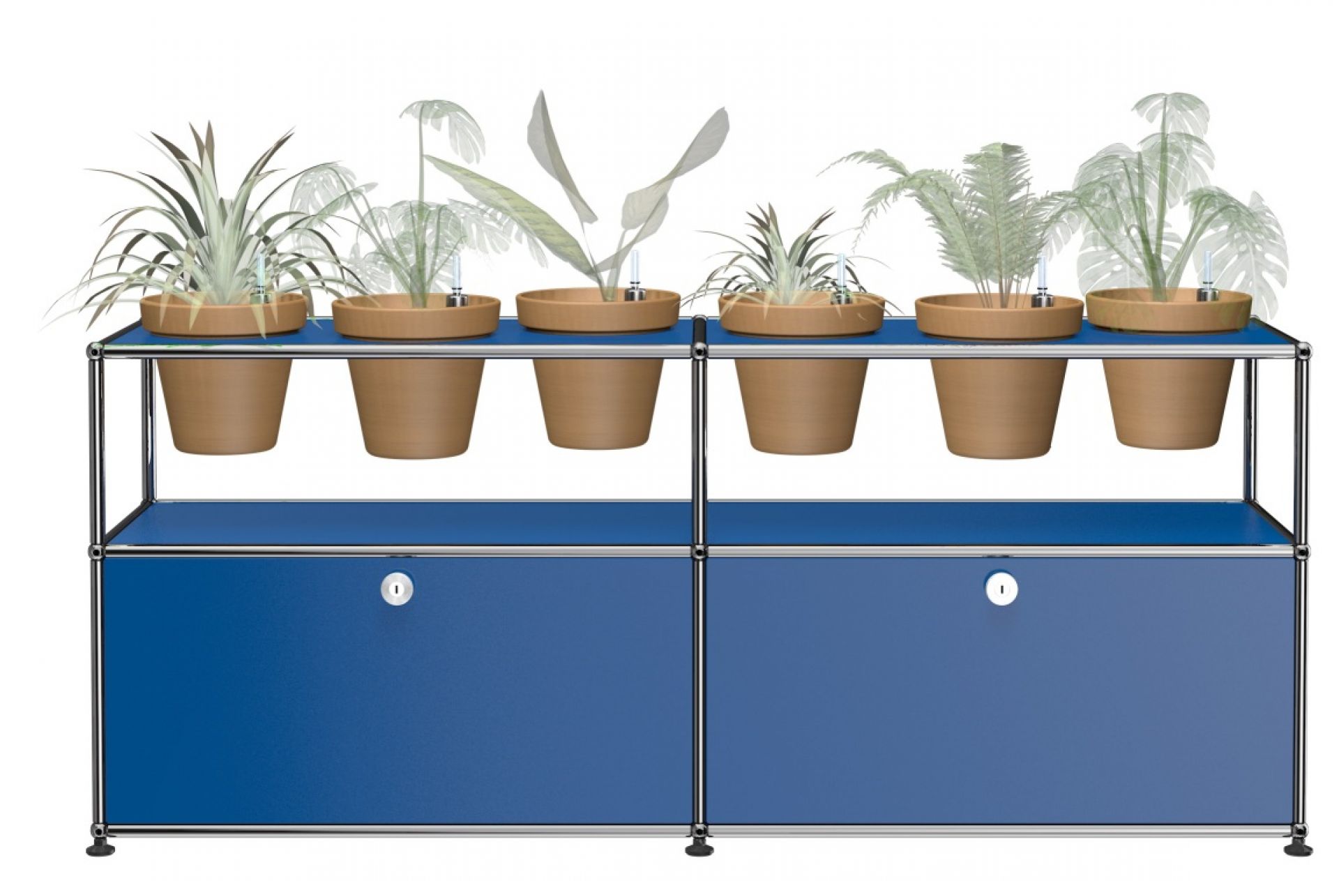 Enzianblaues USM Haller Sideboard mit Pflanzen. Modernes Designmöbel für Wohnzimmer und Büro.