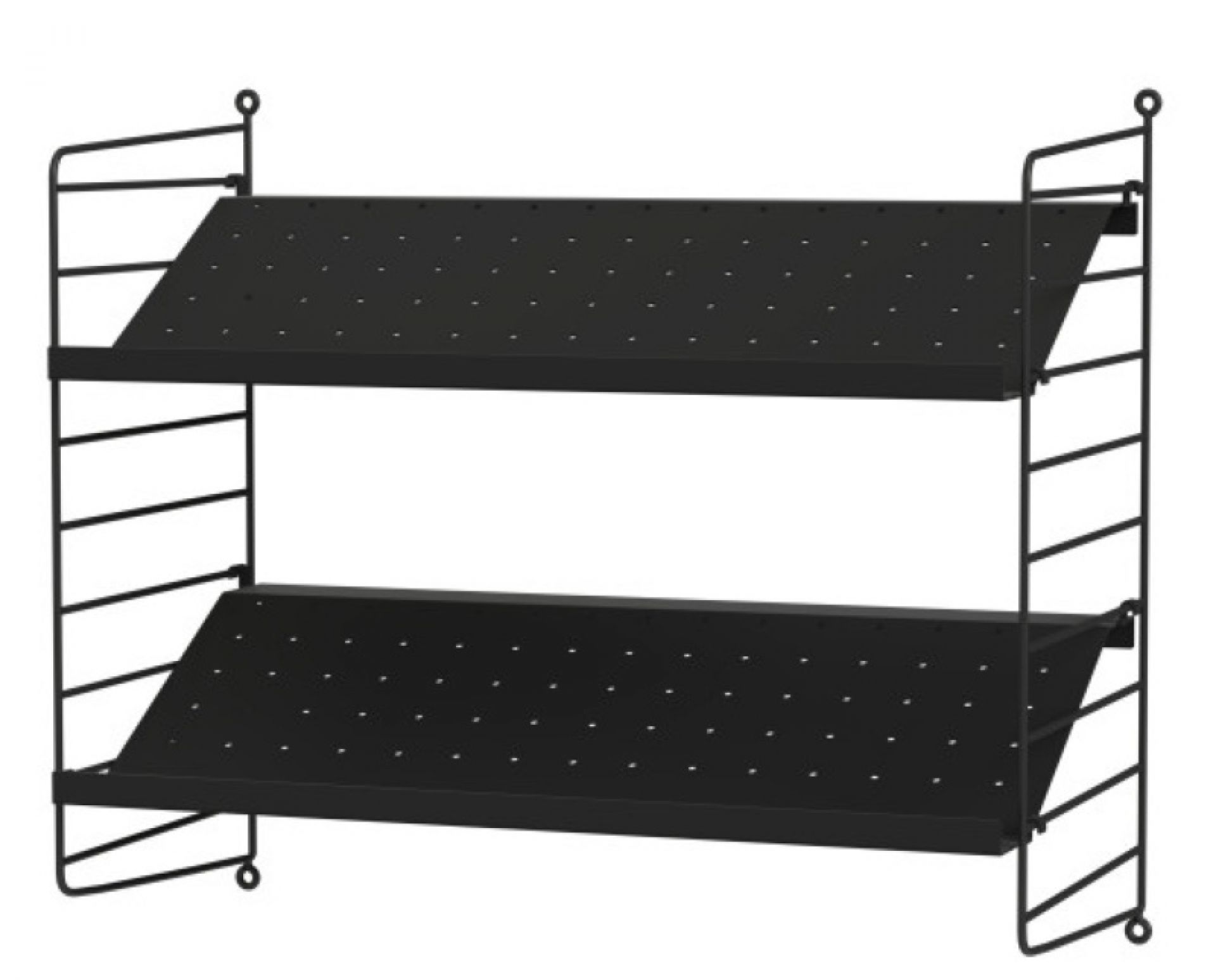 Schwarzes String Regal mit zwei Böden für Flur oder Wohnzimmer. Wandregal System.