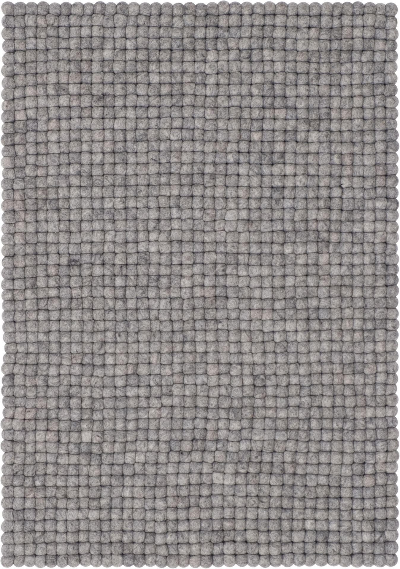 Grauer Myfelt Filzkugel Teppich, 120x170 cm, handgefertigt aus reiner Schurwolle, Detailaufnahme der Textur.