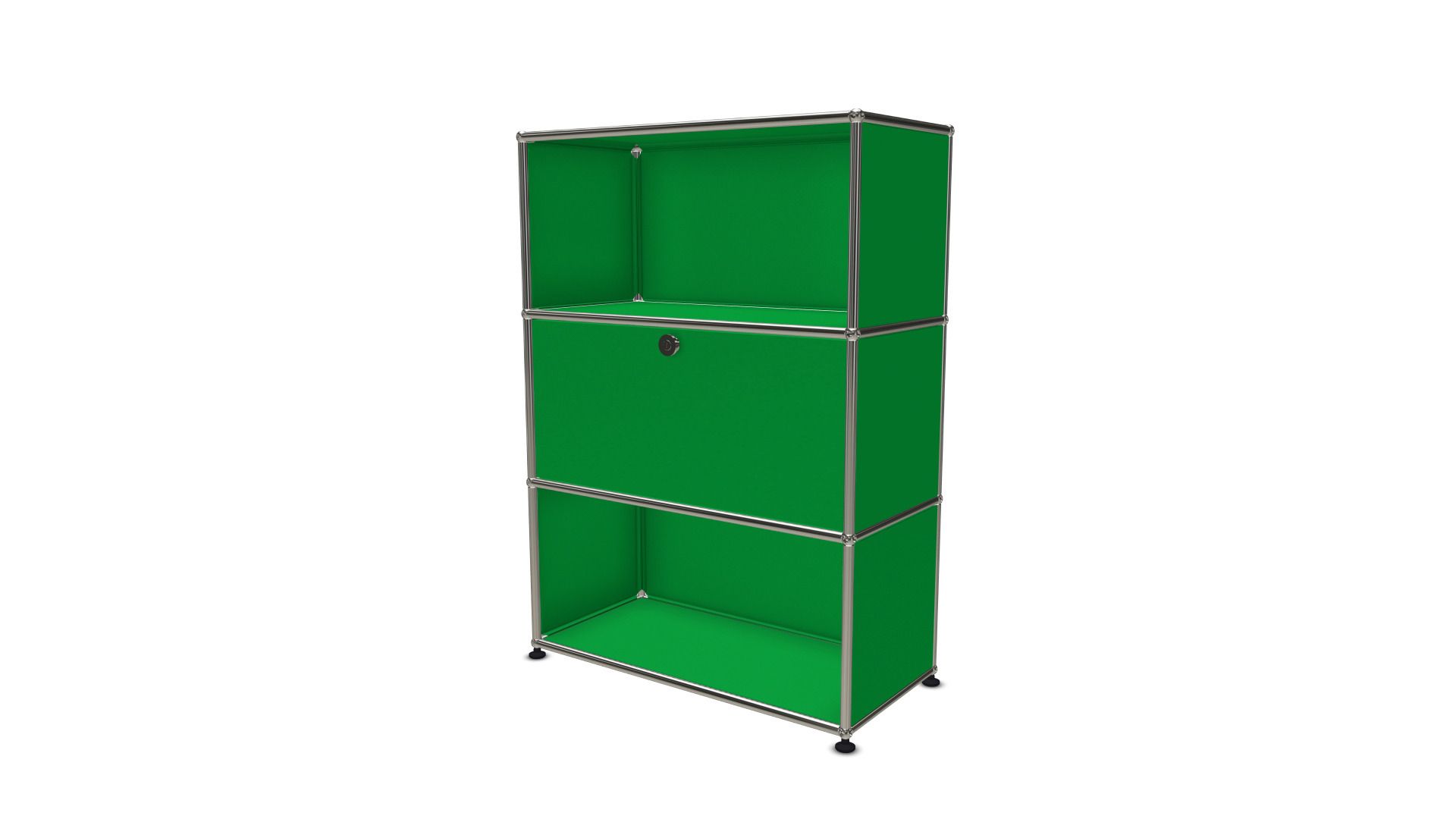 USM Haller Highboard in Grün mit einer Klappe, modernes modulares Möbeldesign für Wohnzimmer und Büro.