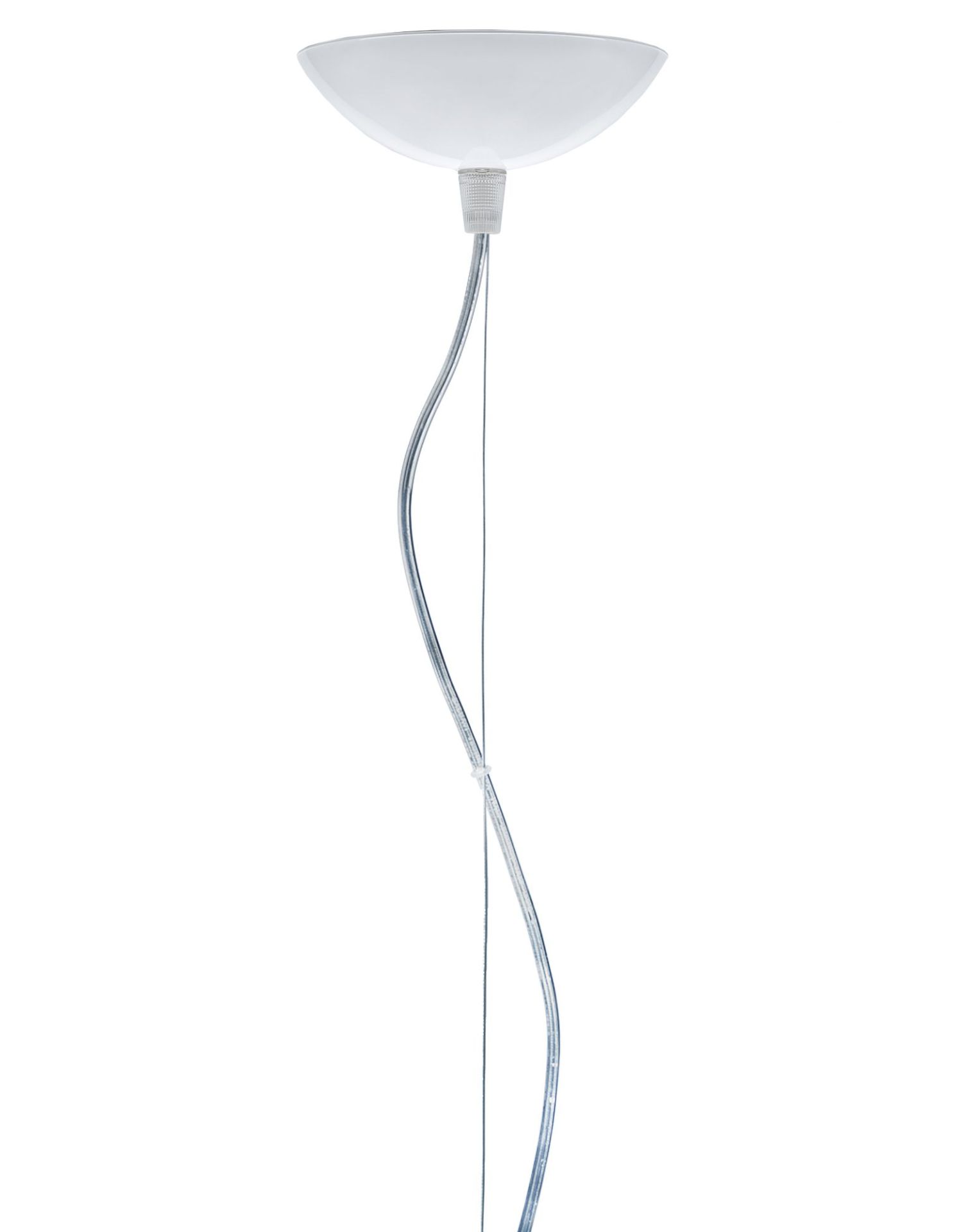 Weiße Kartell Fly Pendelleuchte mit transparentem Kabel und schlichtem, modernem Design für stilvolle Innenbeleuchtung.