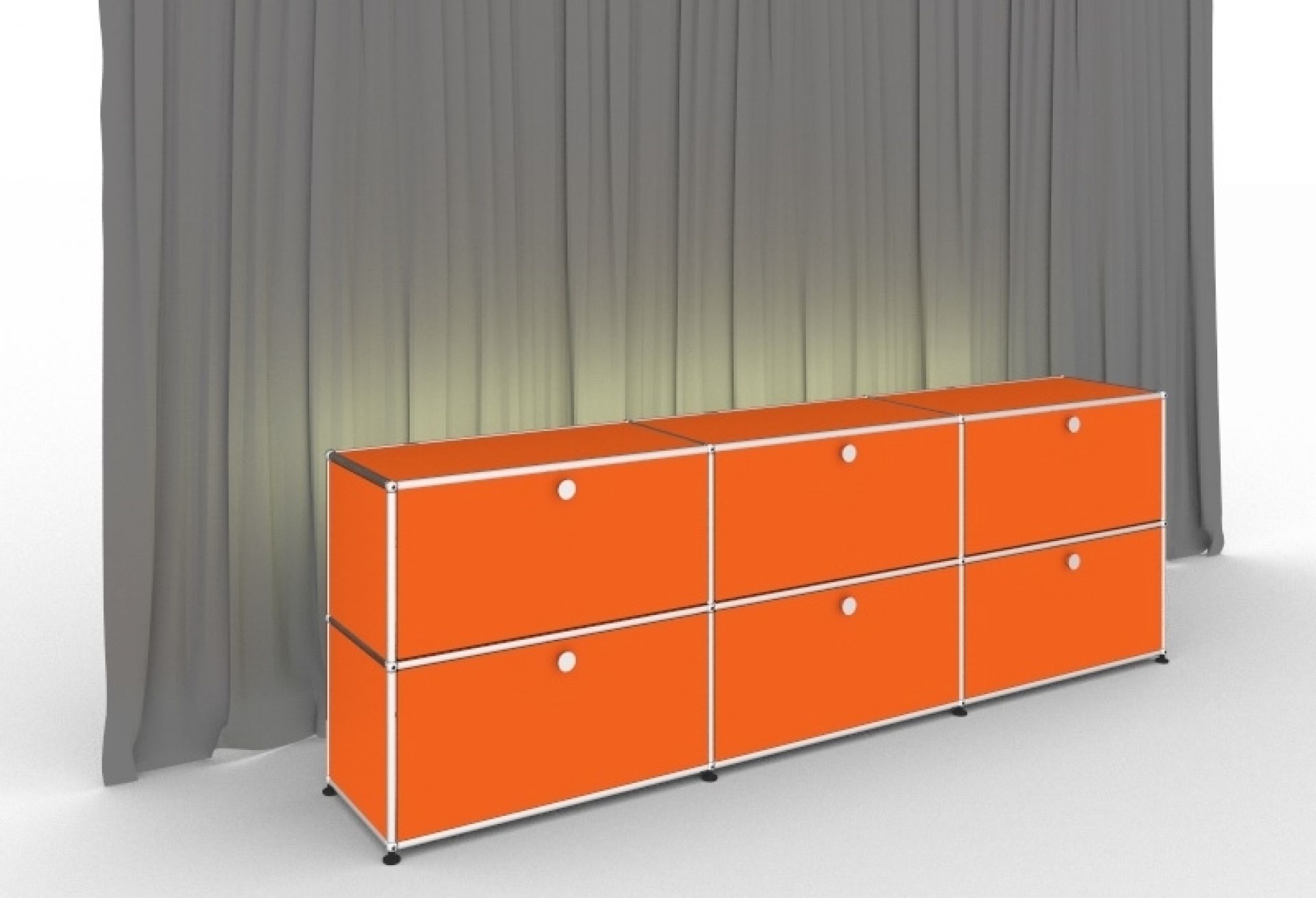Reinorangefarbenes USM Haller Sideboard mit sechs Klapptüren und Beleuchtung. Modernes Designmöbel für Wohnraum.