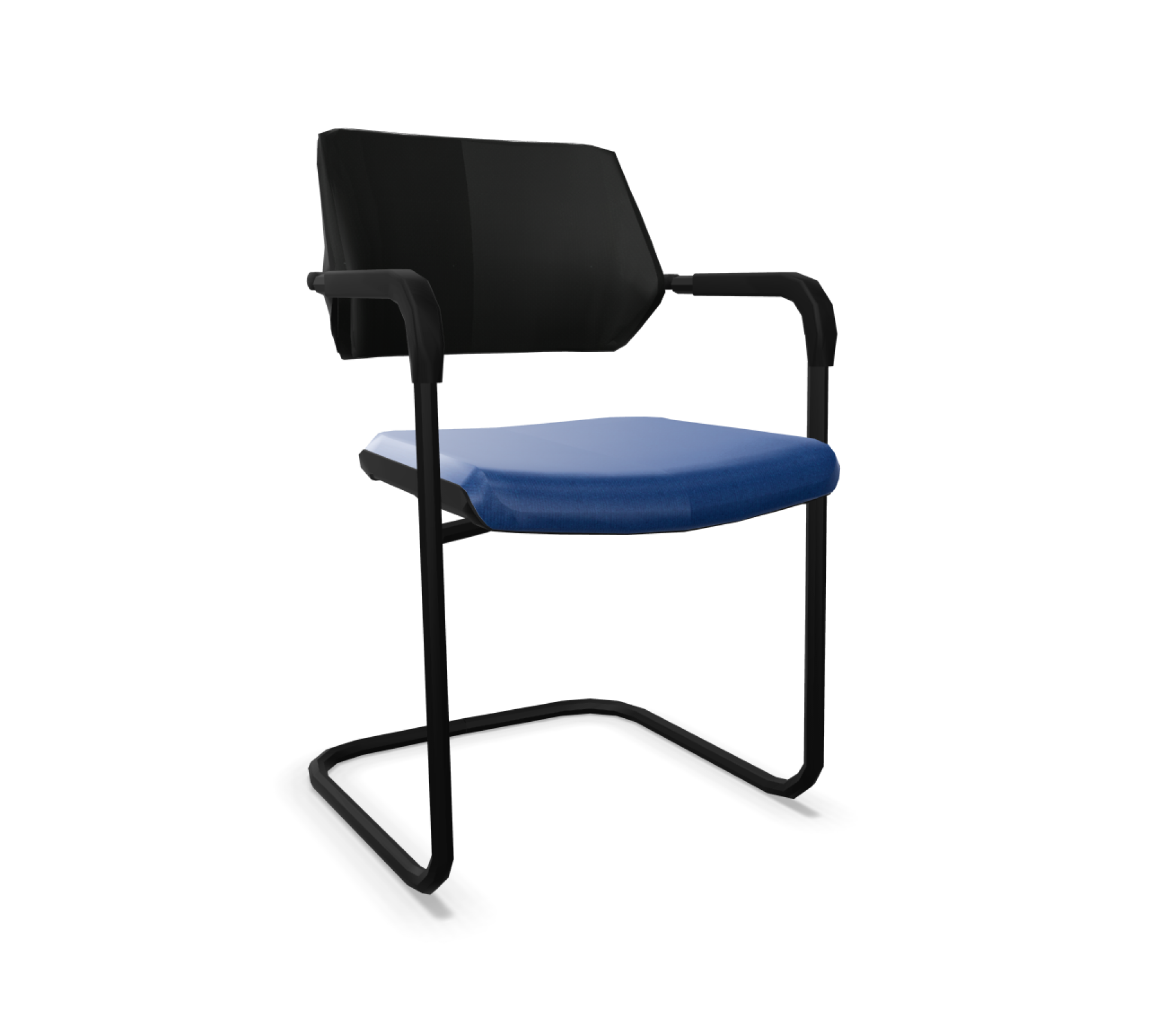 QiVi Freischwinger von Steelcase mit blauem Sitzpolster und schwarzer Rückenlehne für Konferenzräume.