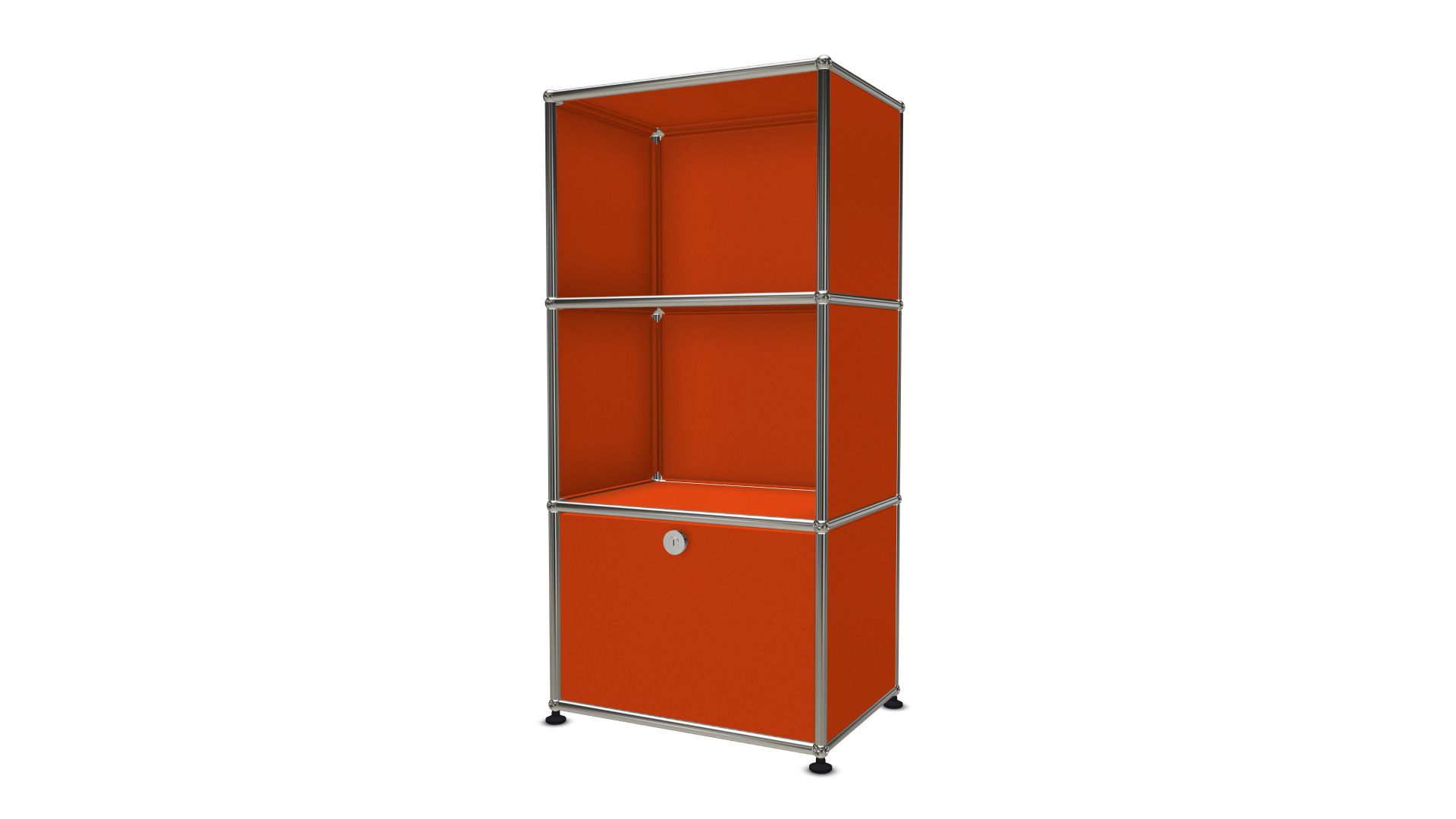 USM Haller Regal in Orange mit Ausziehtür, modernes Designmöbel für Büro und Wohnraum.