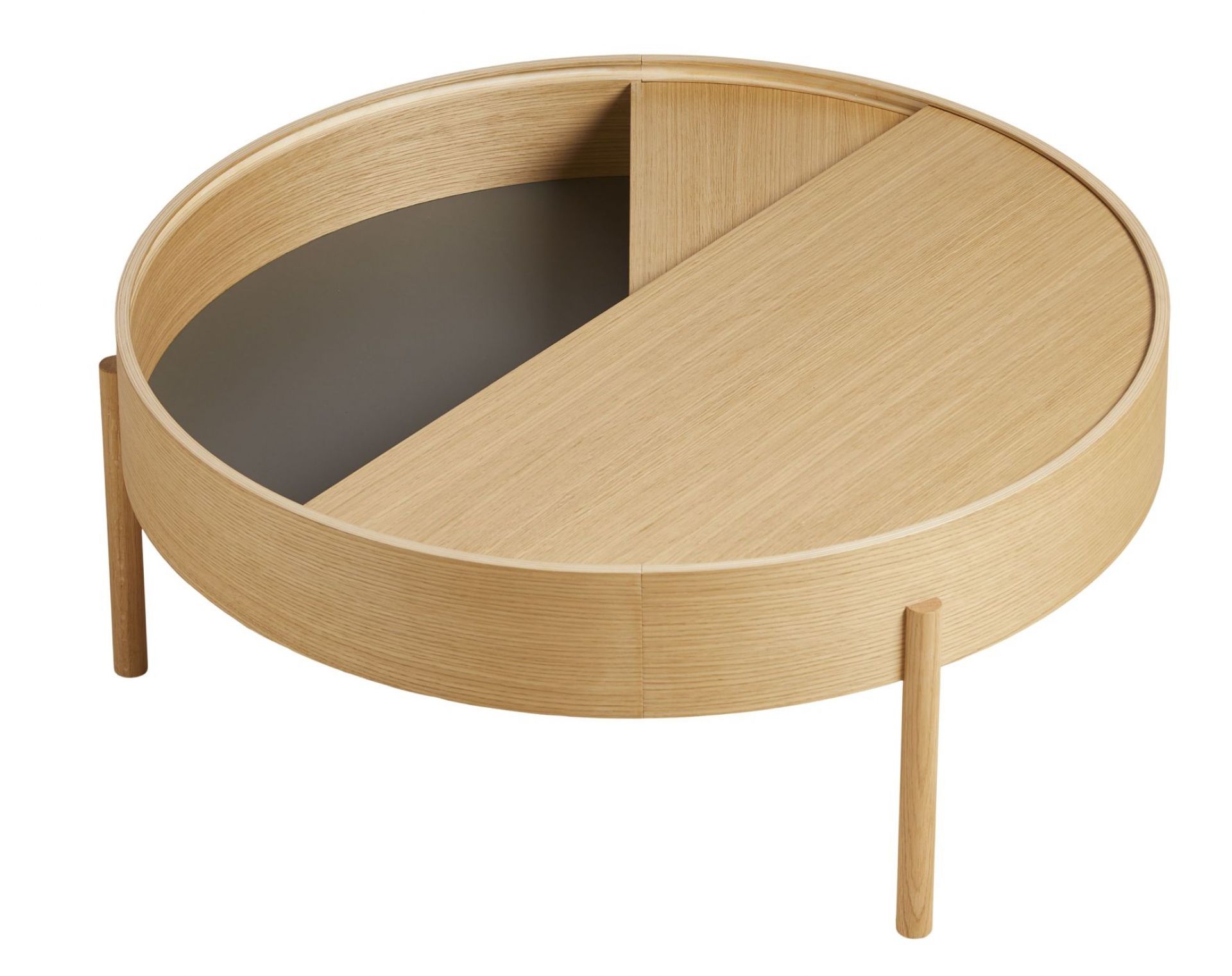 Runder Arc Coffee Table von Woud aus hellem Holz mit Stauraum.