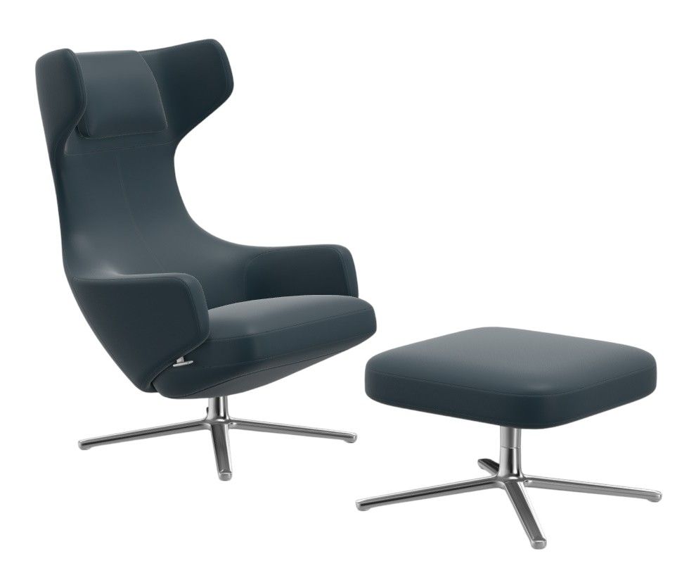 Grand Repos Sessel + Ottoman NIEDRIG / LEDER PREMIUM MIT KONTRASTNAHT RAUCHBLAU Vitra EINZELSTÜCK