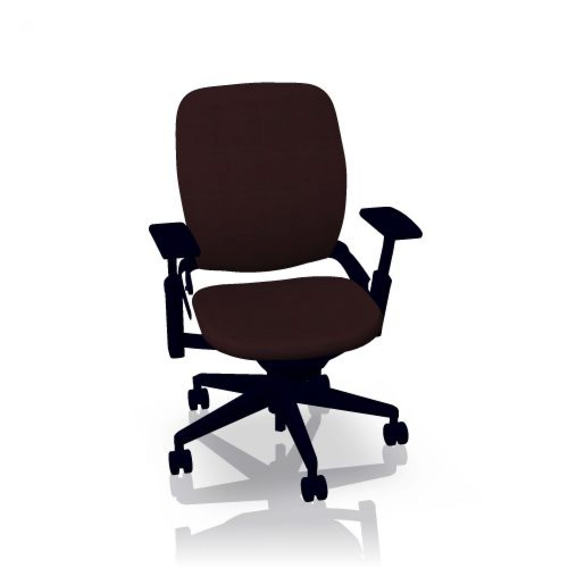Brauner Steelcase Leap Bürostuhl mit verstellbaren Armlehnen und schwarzem Fußkreuz auf weißem Hintergrund.