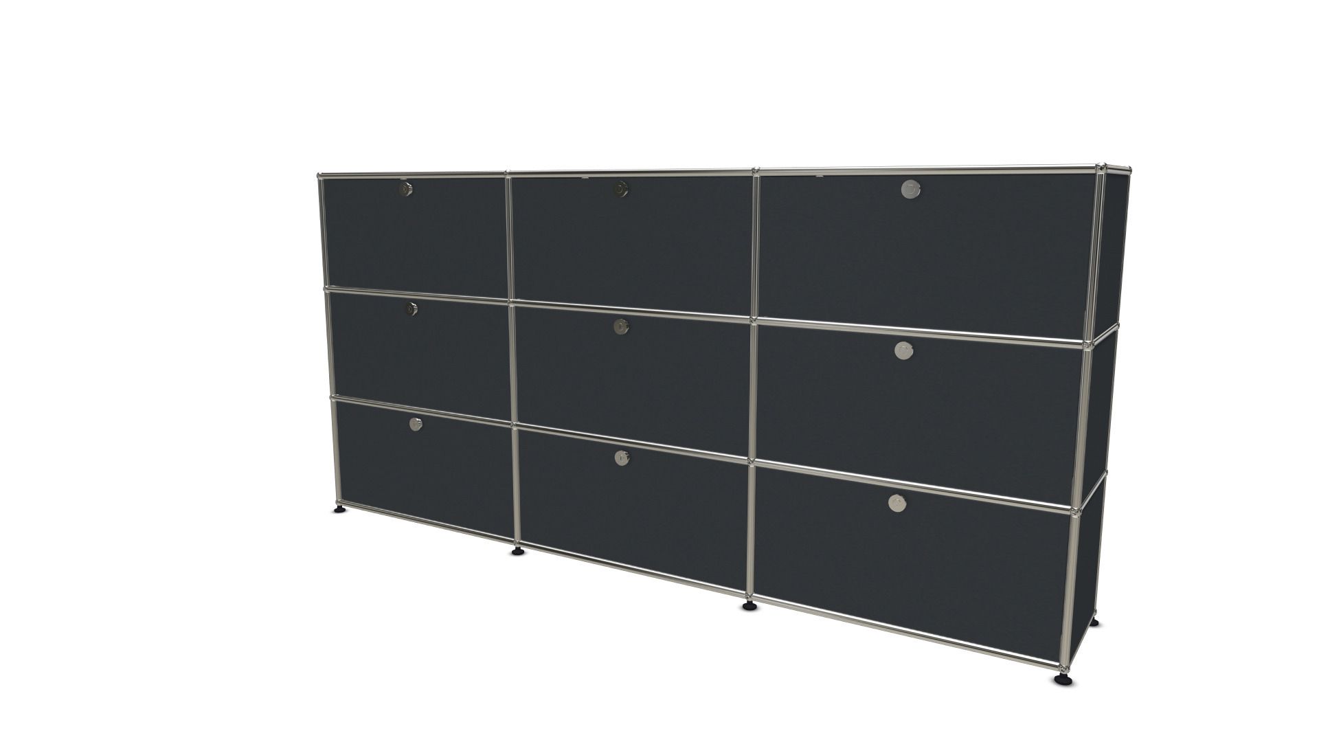 USM Haller Highboard mit neun Klappen in Anthrazit, modernes Designmöbel für stilvolle Wohnraumgestaltung und Büroorganisation.
