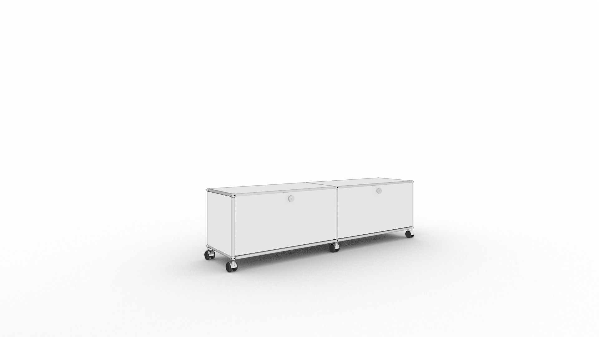 Weißes USM Haller Lowboard mit zwei Fächern und Rollen, modernes TV Möbel für Wohnzimmer.