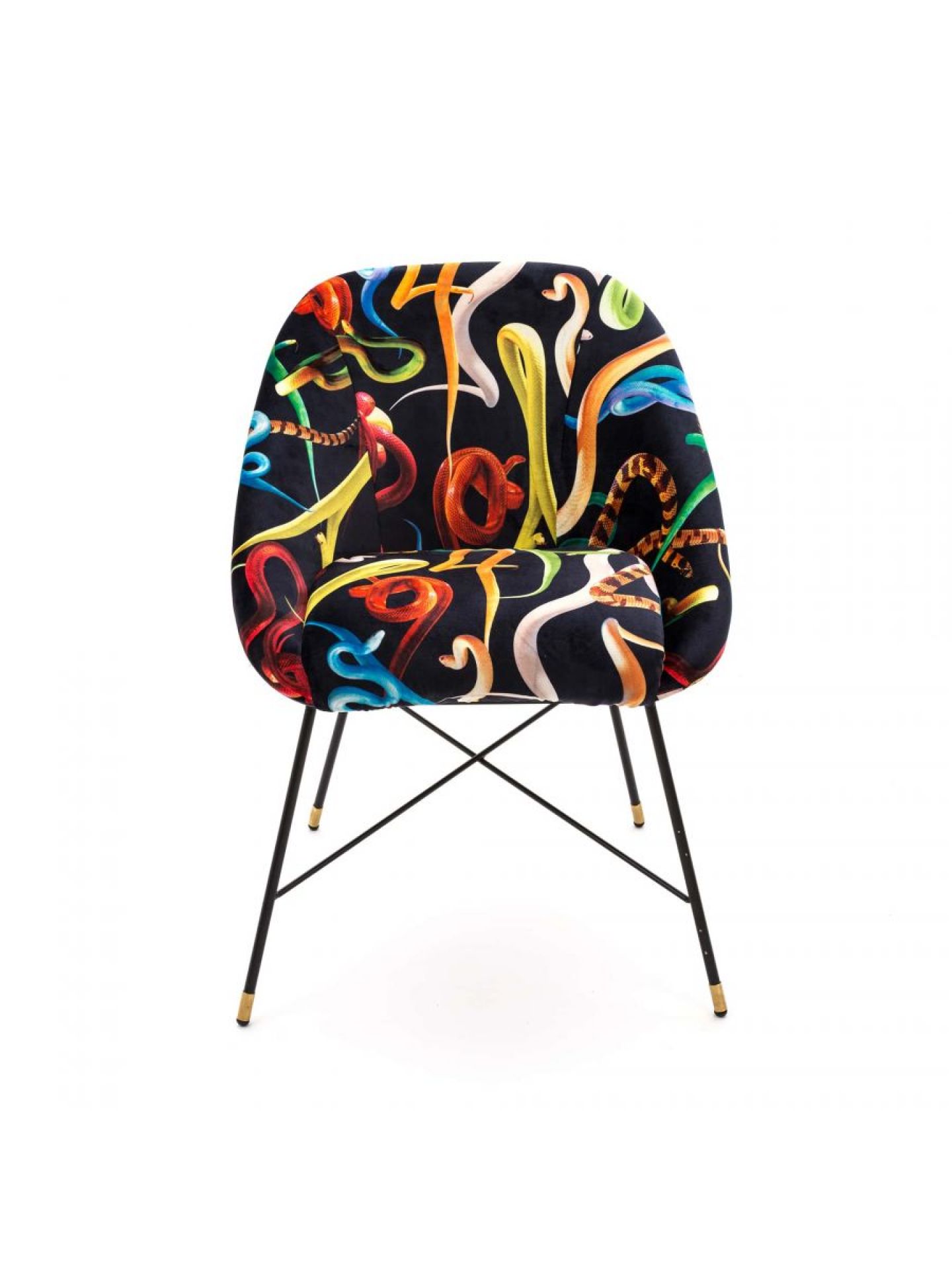 Toiletpaper Polsterstuhl Snakes Seletti Toiletpaper Polsterstuhl Snakes Seletti mit schwarzem Bezug und bunten Schlangen, Metallbeine für Wohnzimmer und Esszimmer.