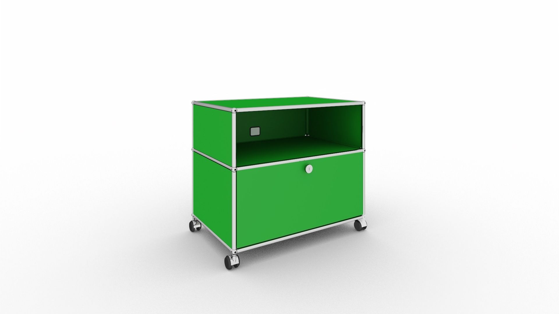 Grünes USM Haller TV Möbel auf Rollen mit offenem Fach und Schublade, modernes Design.