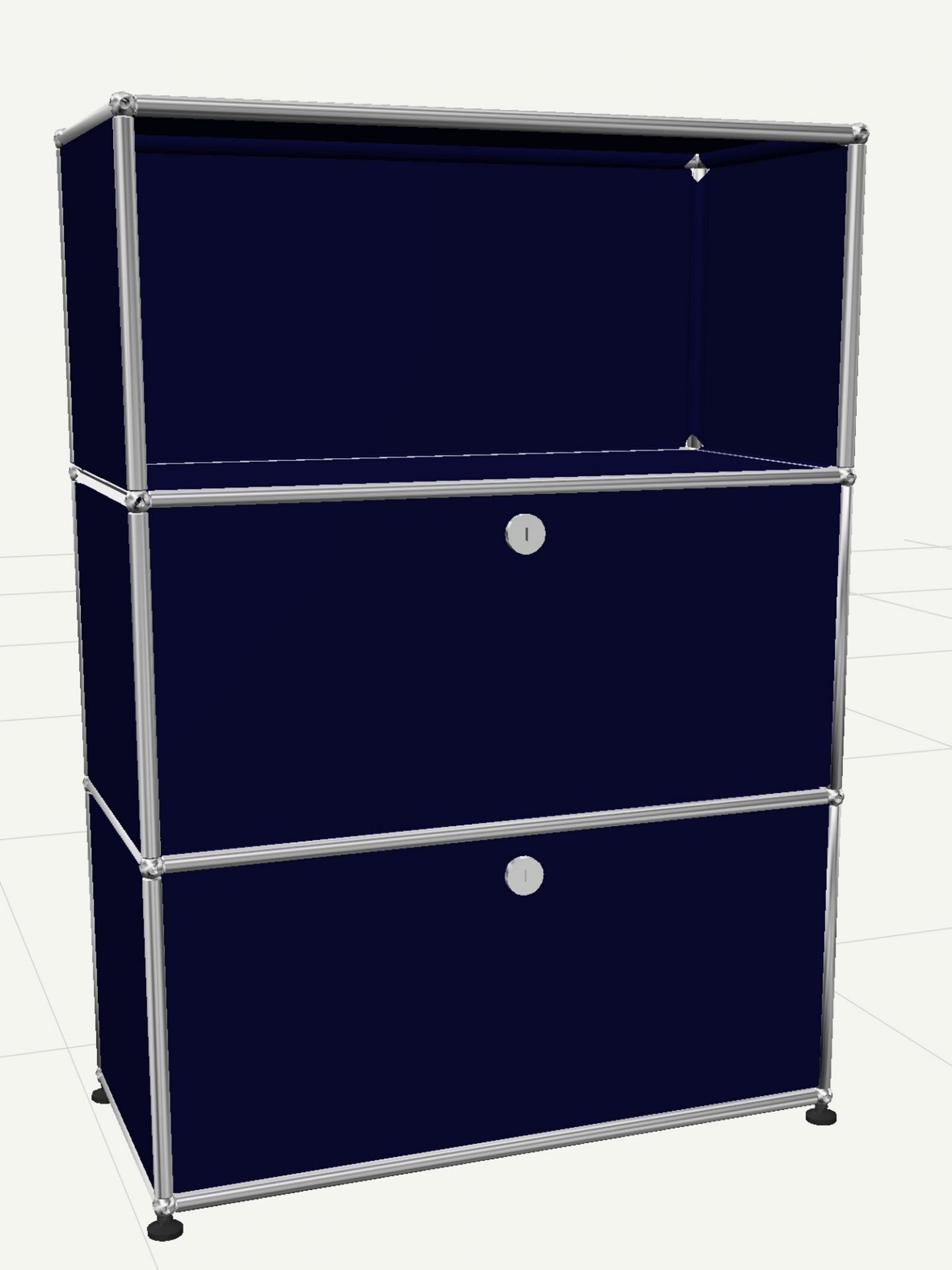 USM Haller Highboard in Stahlblau mit zwei Klappen und einem offenen Fach für stilvolle Aufbewahrung.