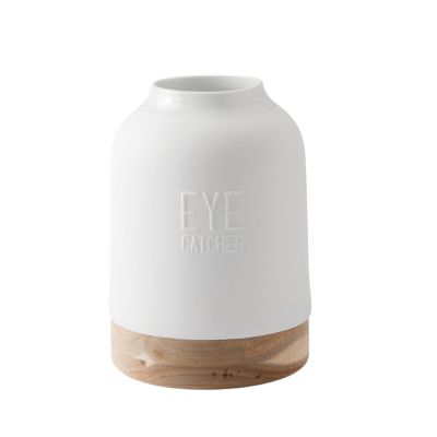 Weiße "Eyecatcher" Vase von Räder mit Holzsockel, moderne Dekoration für Blumen und Pflanzen.