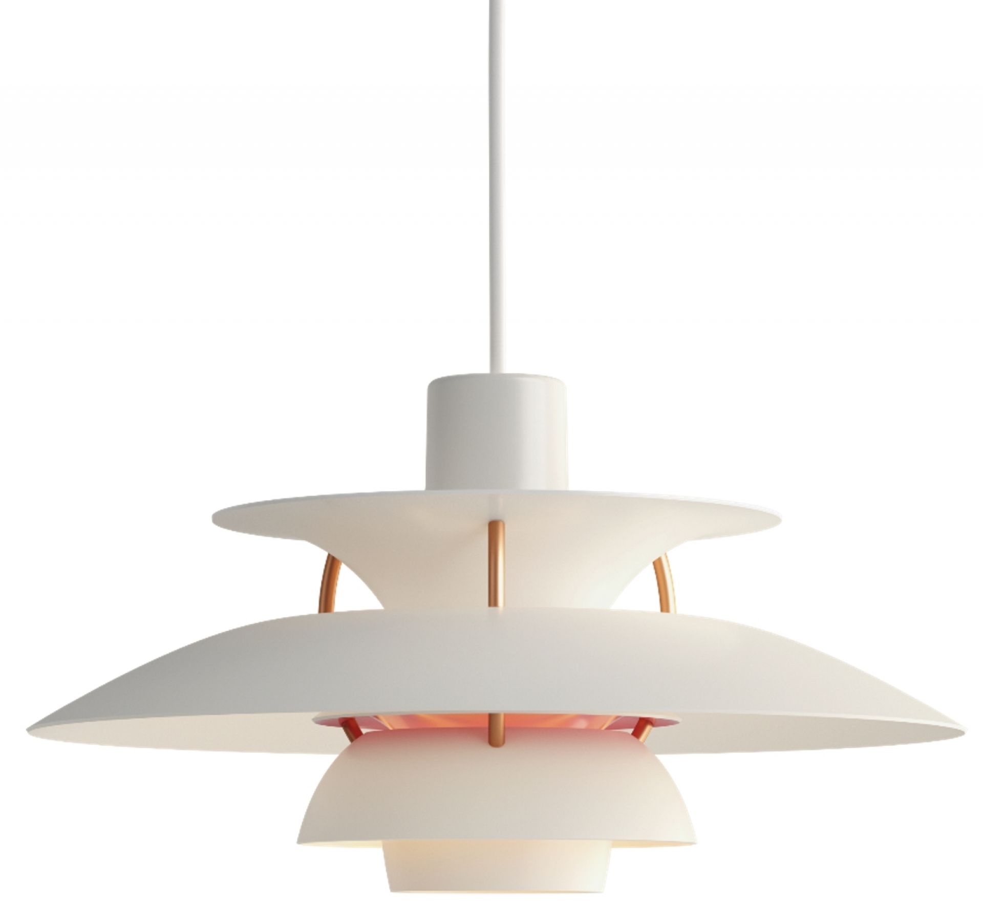 Weiße PH 5 Mini Pendelleuchte von Louis Poulsen, modernes Design für stilvolle Beleuchtung.