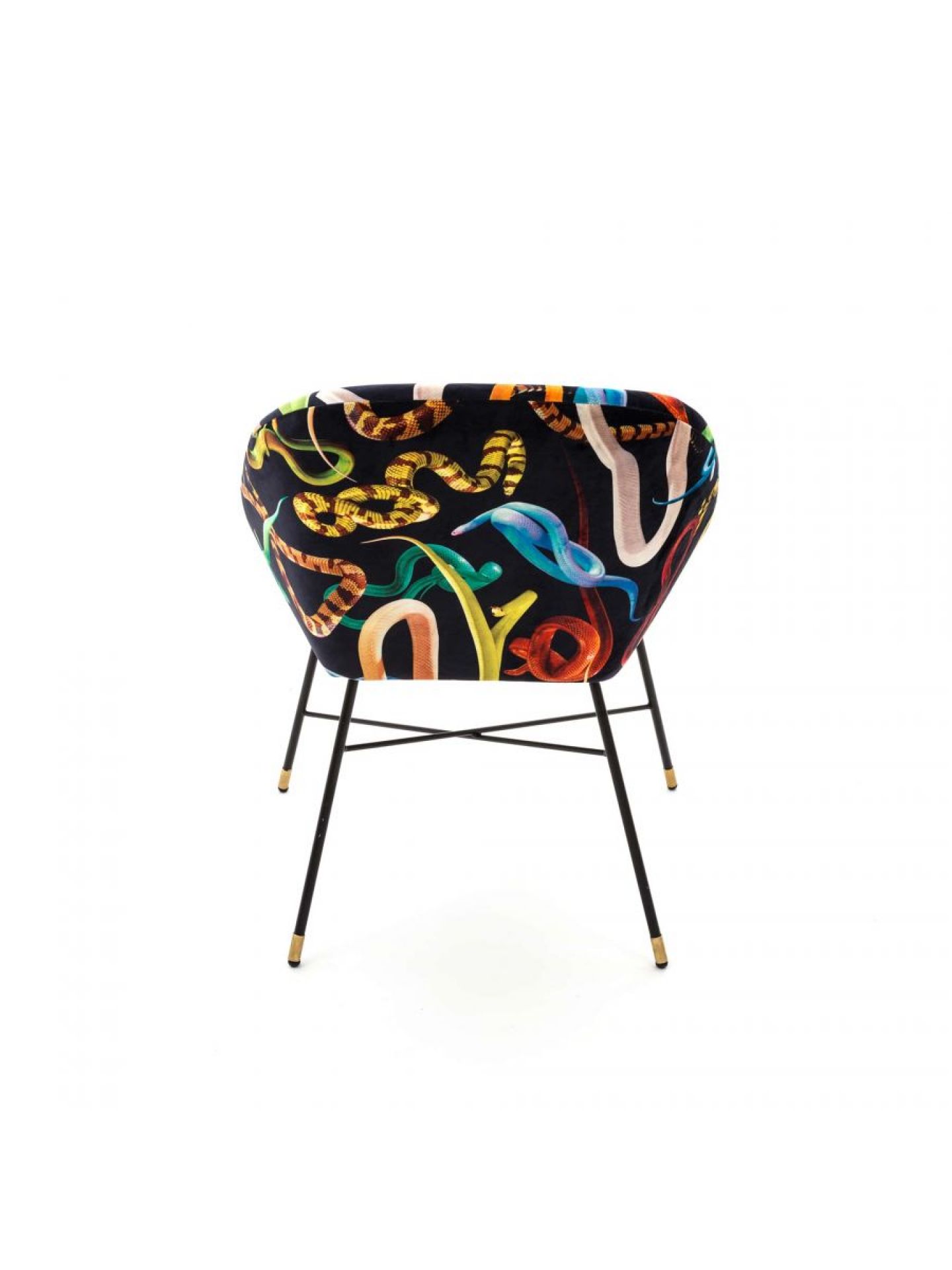 Toiletpaper Polsterstuhl Snakes Seletti Toiletpaper Polsterstuhl Snakes von Seletti mit schwarzem Bezug und buntem Schlangenmuster, Metallbeine.