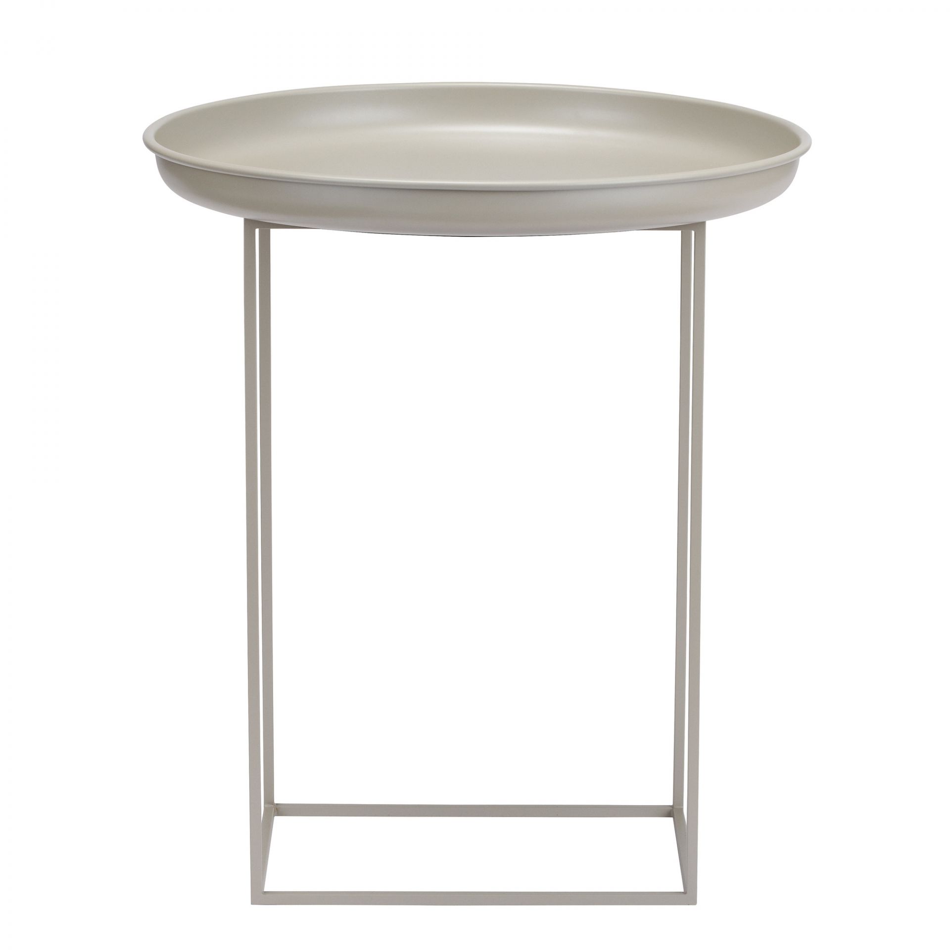 Duke Couchtisch Medium von Norr11: Runder, beiger Steintisch mit minimalistischem Metallgestell.