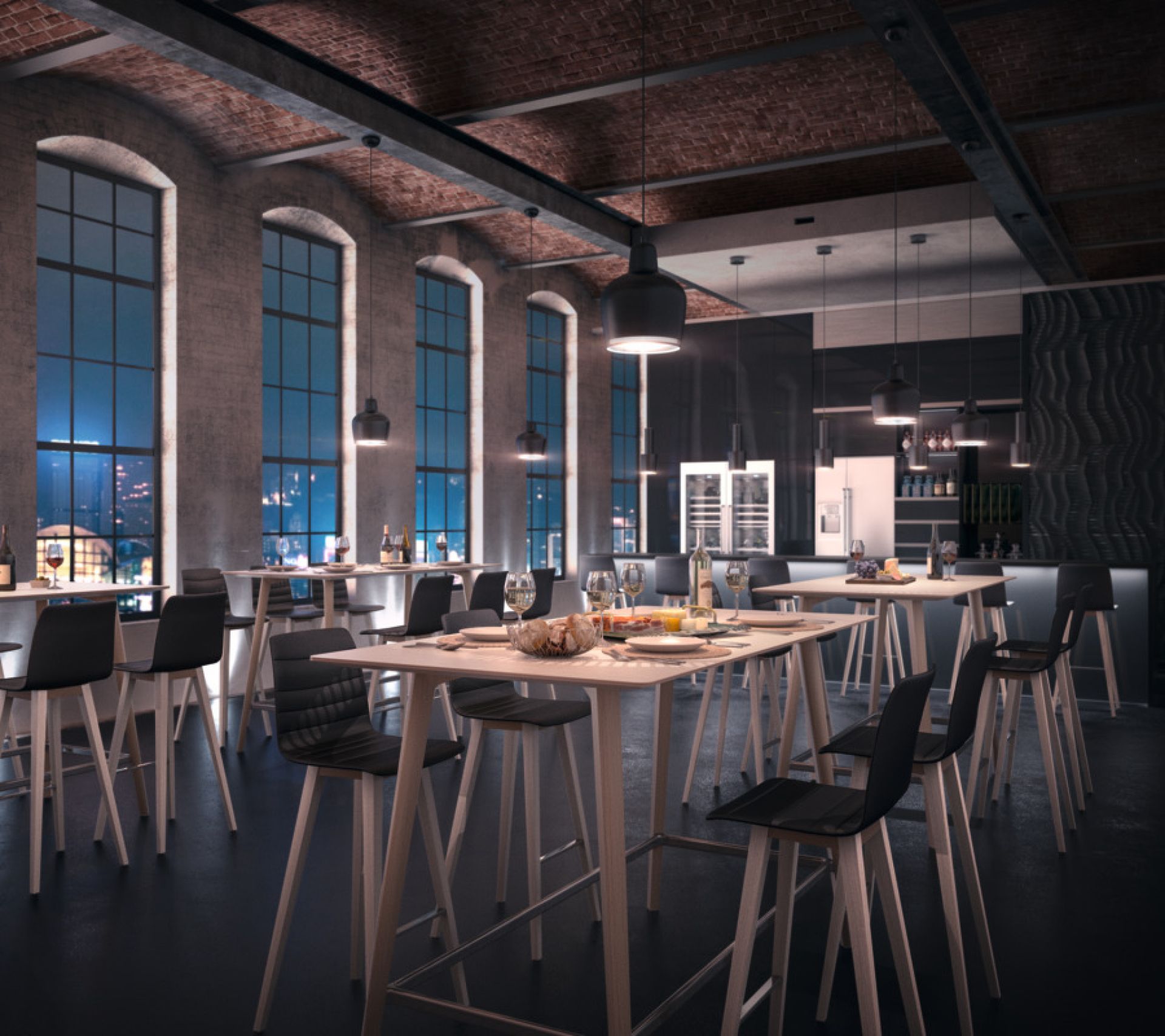 Fina Club Stehtisch von Brunner in modernem Ambiente mit Speisen und Getränken. Ideal für Gastronomie.