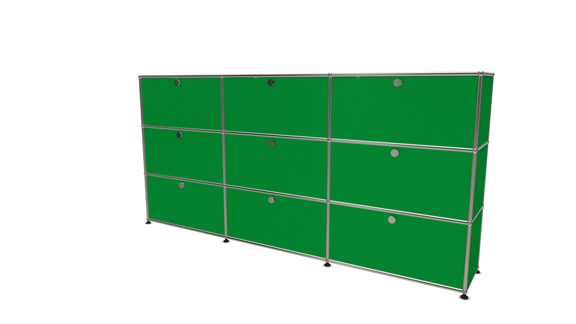 USM Haller Highboard in Grün mit neun Klappen, modulare Möbel für stilvolle Wohnraumgestaltung.