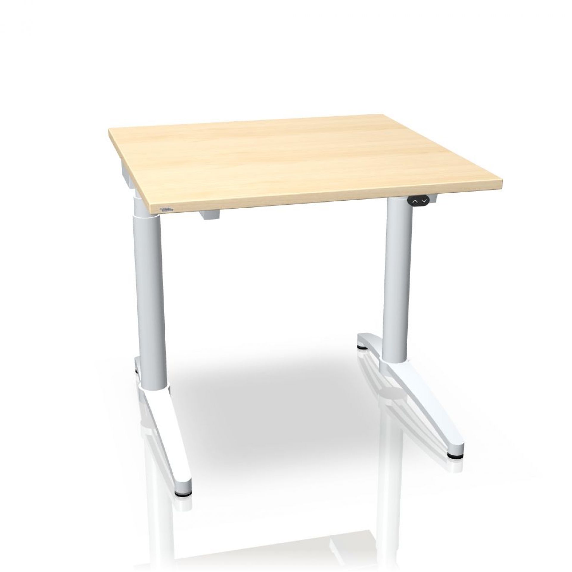 Canvaro Sitz-Steh-Tisch von Assmann mit heller Tischplatte und höhenverstellbarem, weißen Gestell.