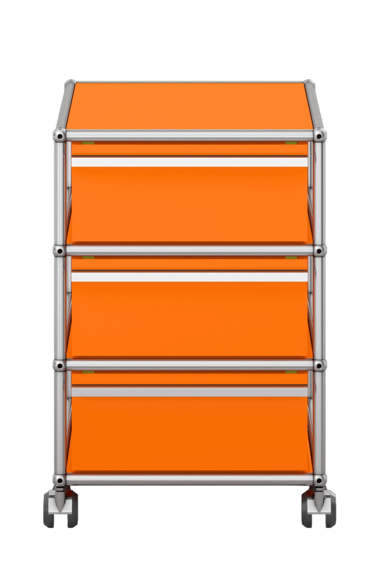 USM Haller Rollcontainer in Reinorange mit drei Schubladen und verchromtem Gestell für Büro und Arbeitszimmer.