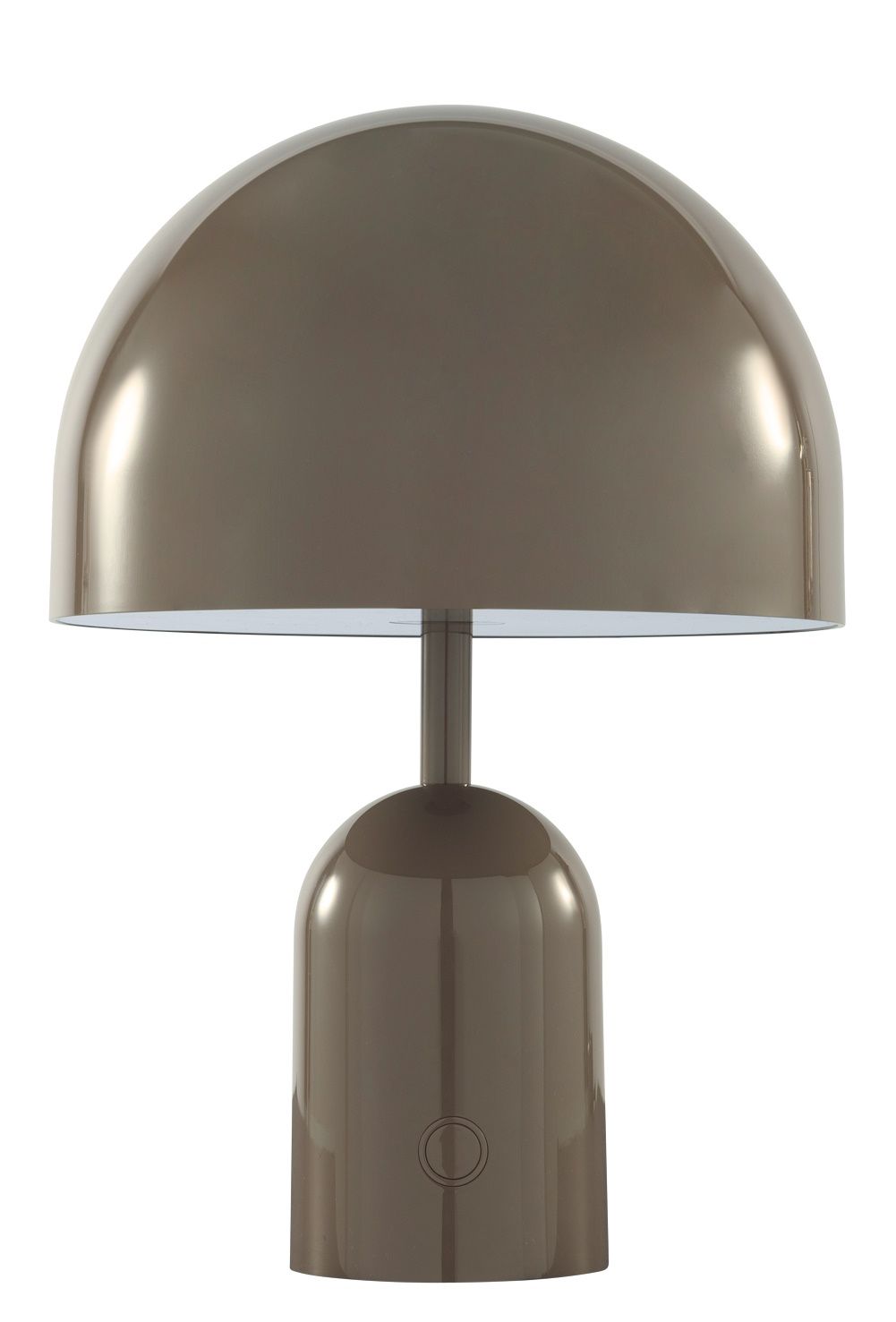 Nahaufnahme der Bell Portable LED Tischleuchte von Tom Dixon in Taupe.