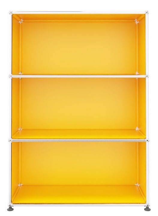 Gelbes USM Haller Regal mit drei offenen Fächern und verchromtem Stahlrohrgestell für Wohnzimmer oder Büro.
