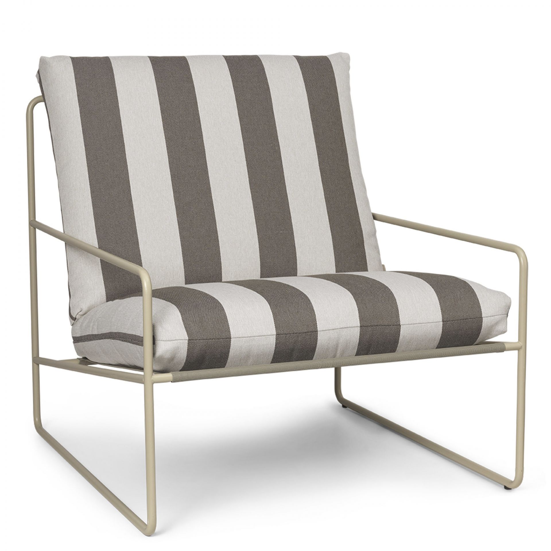 Desert 1- Sitzer Outdoor Sessel Stripes Gestell Cashmere Ferm Living Desert Sessel mit Streifenmuster und Cashmere-farbenem Gestell, moderner Outdoor Sessel für Garten und Terrasse.