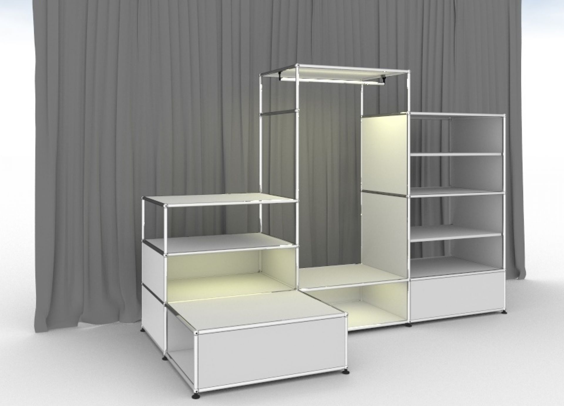 Beleuchtete, modulare USM Haller Garderobe in Reinweiß mit Regalen und Kleiderstange. Designklassiker für stilvolle Einrichtung.