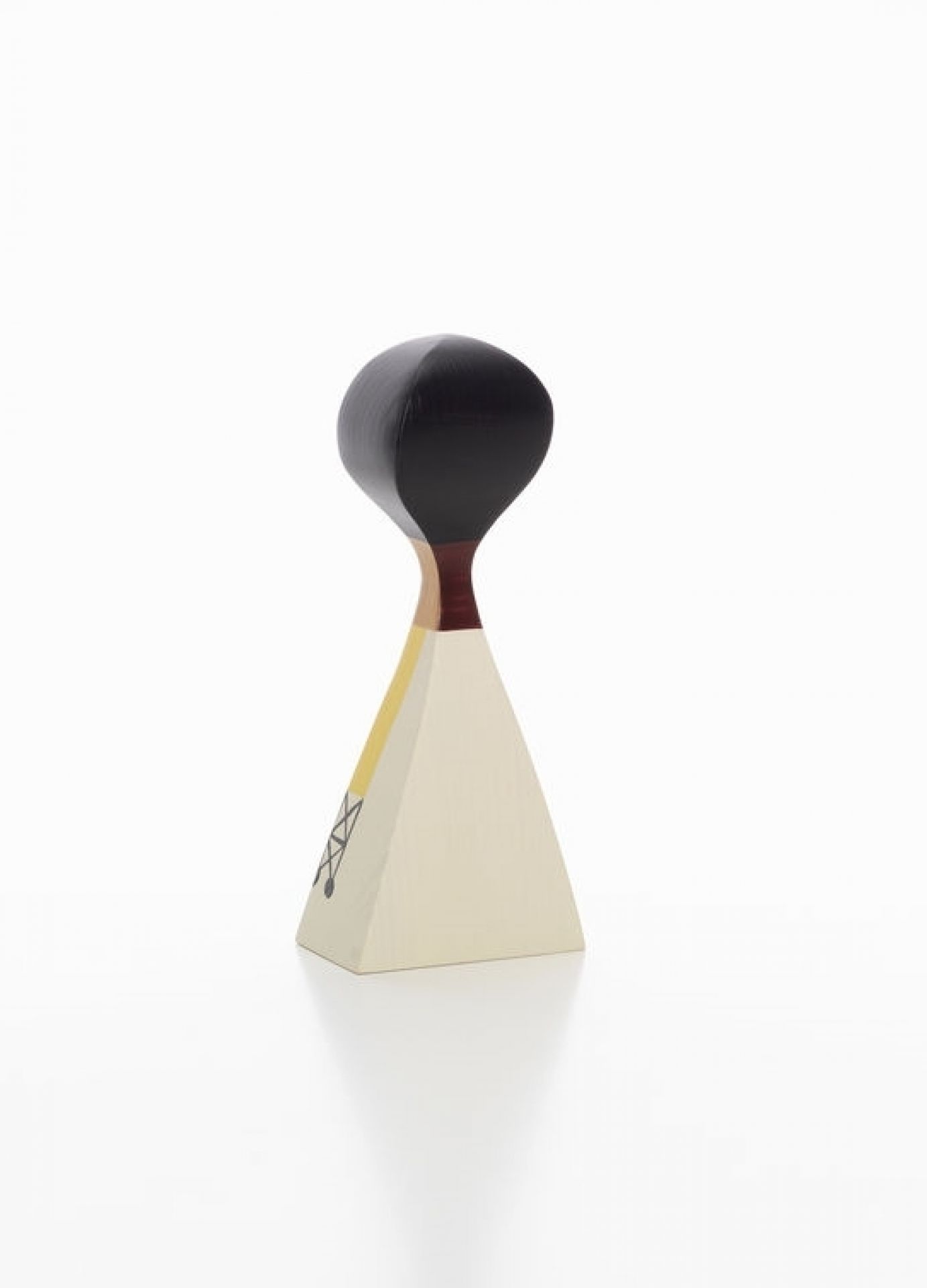Vitra Wooden Doll No. 13, dekorative Holzfigur in Kegelform mit schwarzem, eiförmigem Kopf.