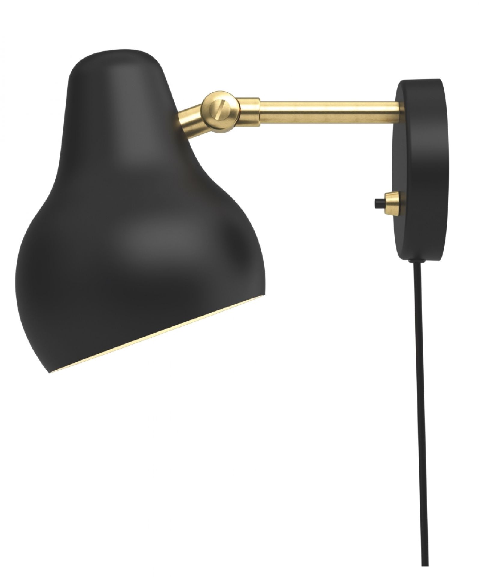 Schwarze VL38 Wandleuchte von Louis Poulsen mit Messingdetails, modernes Design für Schlafzimmer und Wohnzimmer.