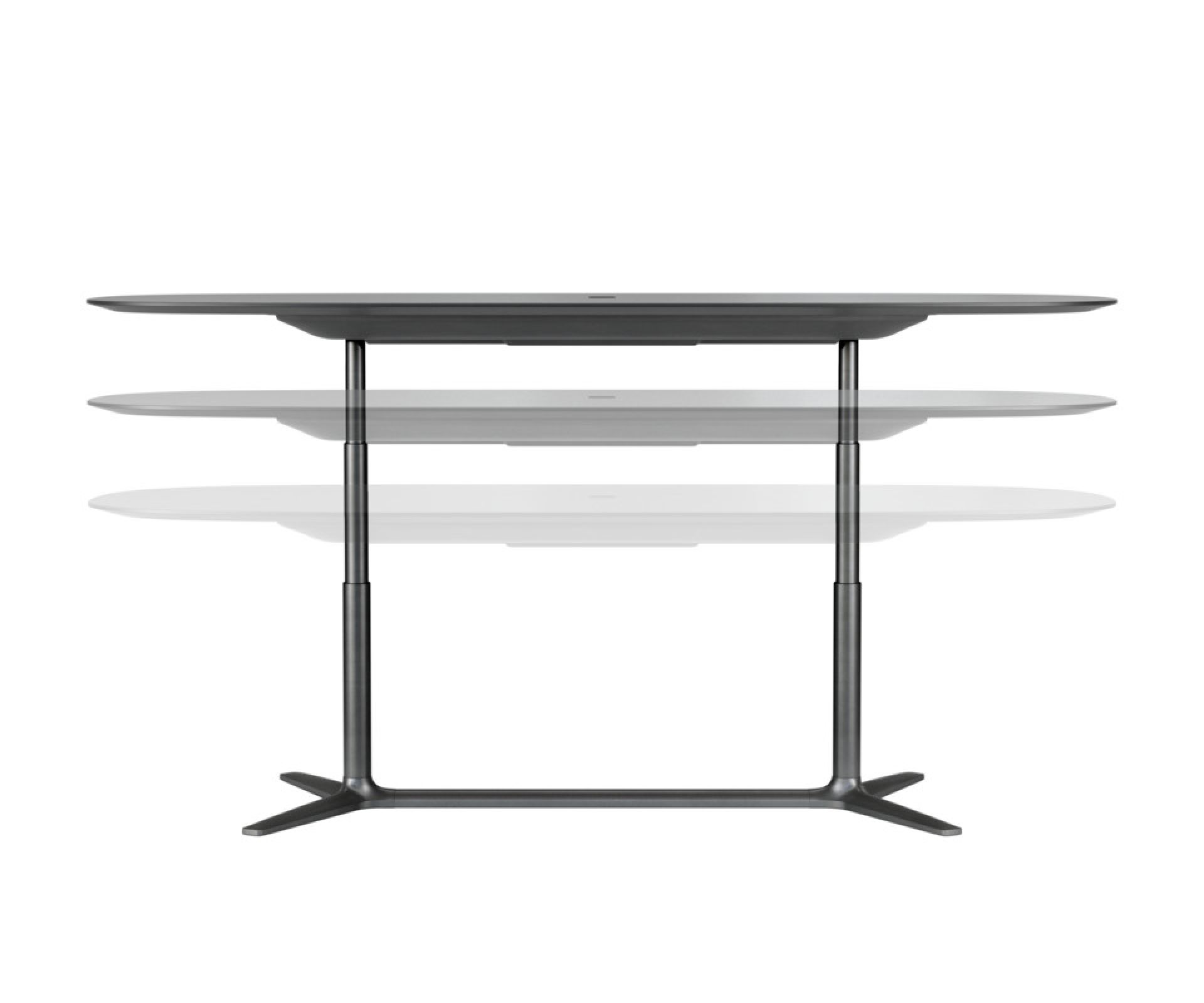 Brunner Lift Konferenztisch, höhenverstellbar, in verschiedenen Höhen dargestellt, ideal für moderne Büros.