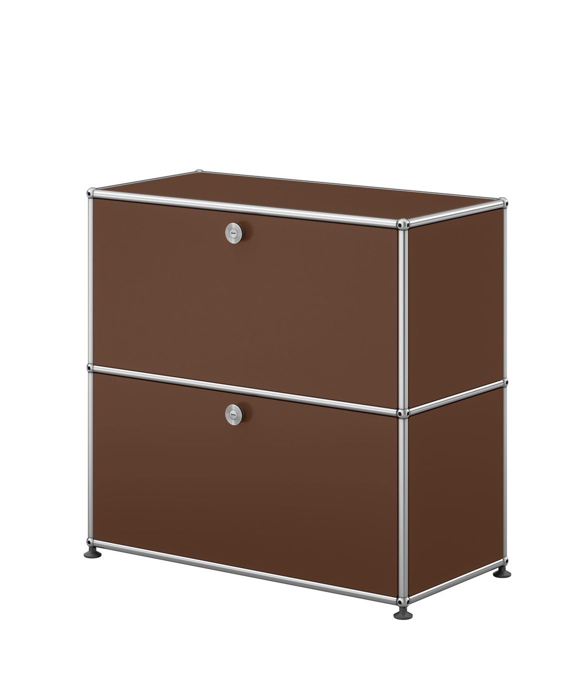 Braunes USM Haller Sideboard klein mit zwei abschließbaren Fächern und verchromtem Gestell.