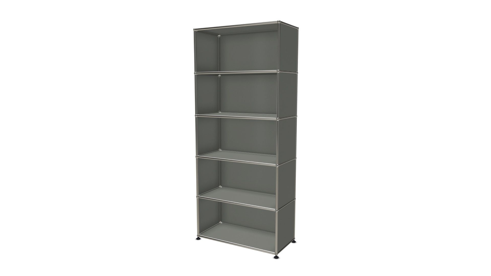 Mittelgraues USM Haller Regal mit fünf Fächern, modernes modulares Design für Büro und Wohnen.