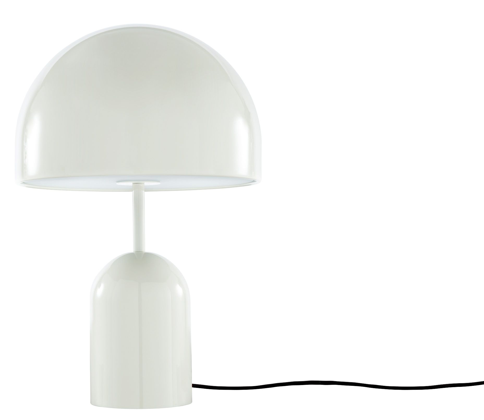 Helle, graue Bell Tischleuchte von Tom Dixon mit LED-Beleuchtung für modernes Wohnambiente.