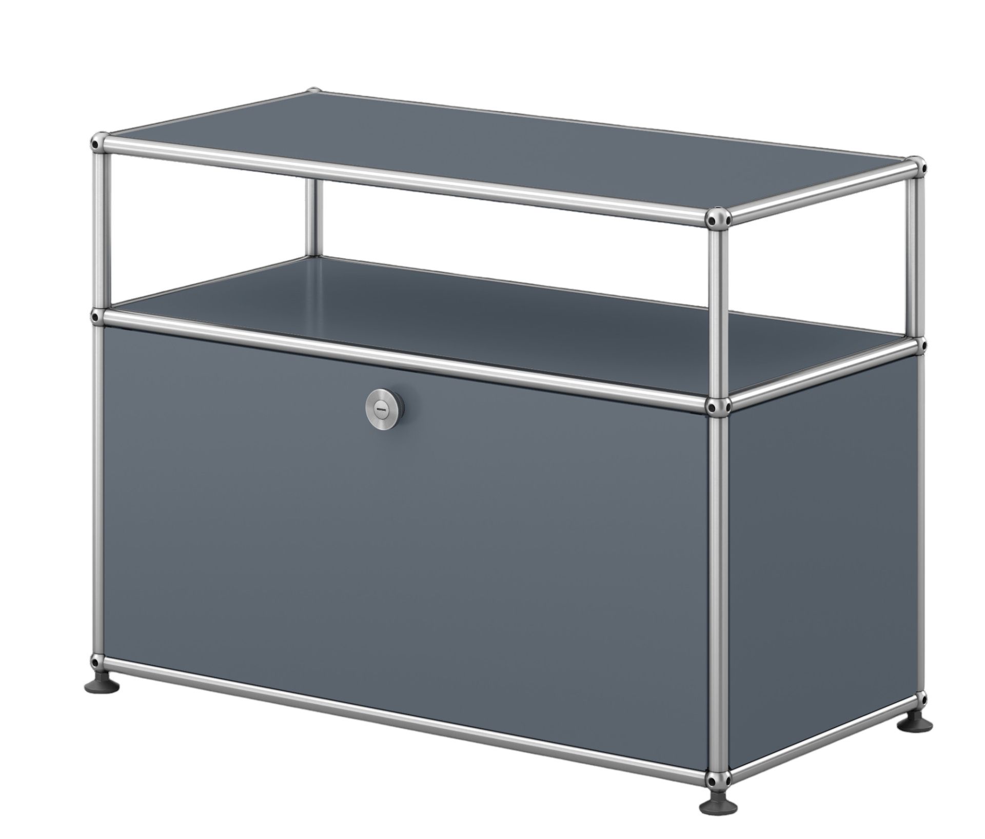 USM Haller Beistellmöbel in Mittelgrau mit einer Klappe und verchromtem Gestell, modernes Design.